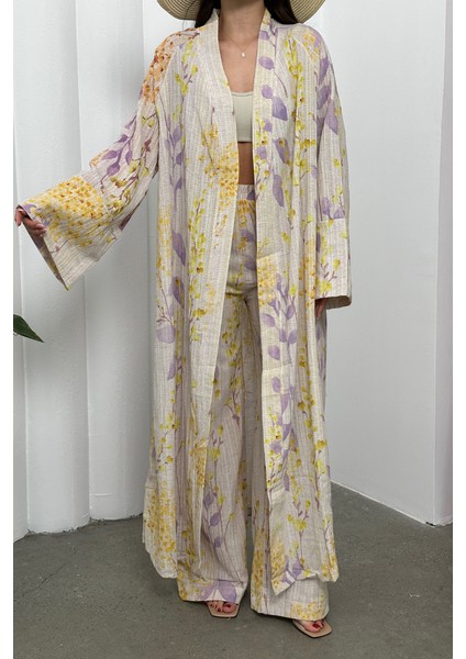 Desenli Keten Kimono Alt Üst Takım