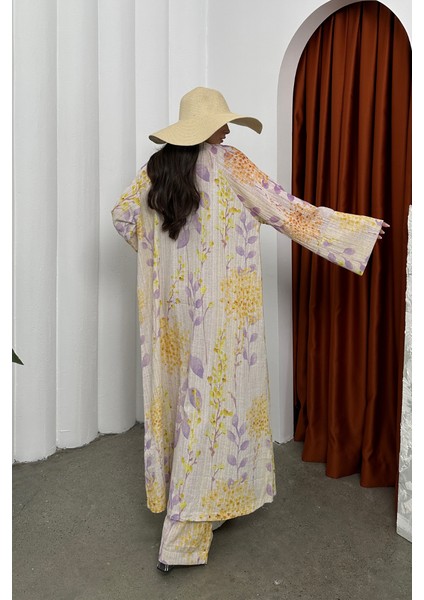 Desenli Keten Kimono Alt Üst Takım