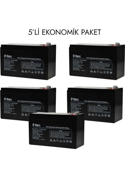 Ttec 12V 7AH Kuru Tip Bakımsız Akü 5 Adet Ekonomik Paket