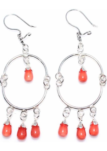 925 Ayar Gümüş Yarım Yuvarlak Mercan Taşlı Telkari Küpe