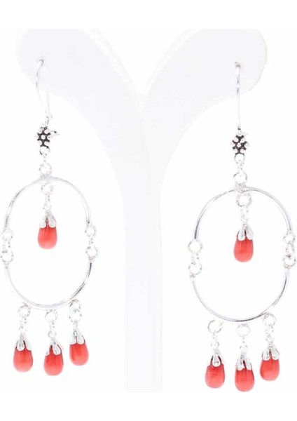 925 Ayar Gümüş Yarım Yuvarlak Mercan Taşlı Telkari Küpe fiyatları