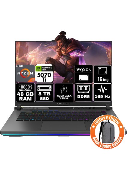 Rog Strix G16 Amd Ryzen 9 7945HX 48GB 8tb SSD RTX5070TI 12GB Windows 11 Pro 16" Wqxga Taşınabilir Bilgisayar G614PR-A62