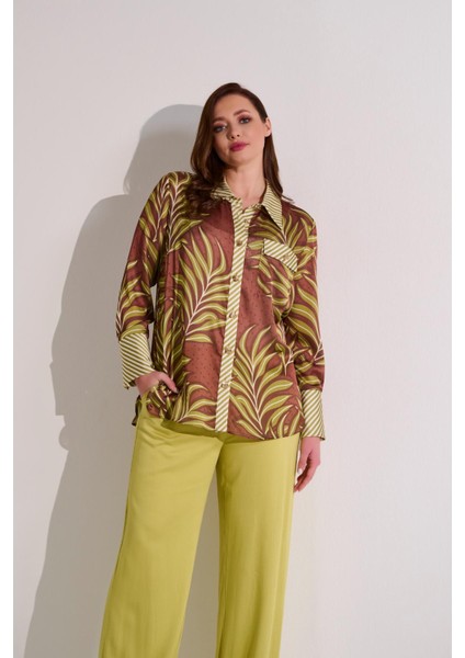 Büyük Beden Pamuk Saten Baskı Detaylı Gömlek
