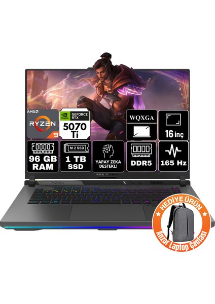 Rog Strix G16 Amd Ryzen 9 7945HX 96GB 1tb SSD RTX5070TI 12GB Windows 11 Pro 16" Wqxga Taşınabilir Bilgisayar G614PR-A69