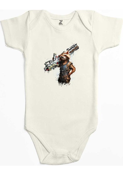 Rocket Raccoon Body Ekru Renk Bebek Body Zıbın