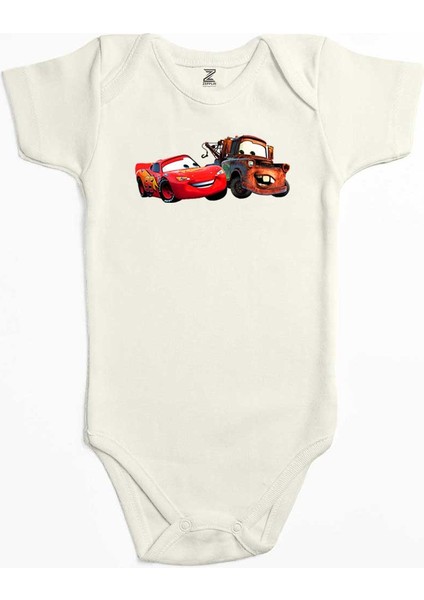 Şimşek Mcqueen ve Tow Mater Arabalar Ekru Renk Bebek Body Zıbın