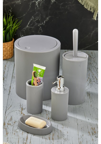 Line 5 Parça Yuvarlak Banyo Seti - Çöp Kovası Wc Fırçası Sıvı-Katı Sabunluk Diş Fırçası