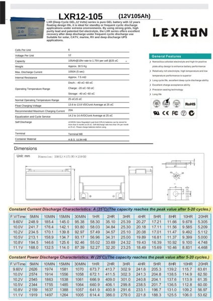Lexron Solar Jel Akü 12V 105AH Deep Cycle 330X171X219