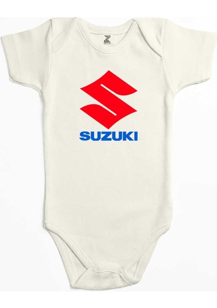 Suzuki Logo Text Ekru Renk Bebek Body Zıbın
