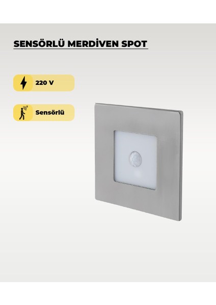 3W Krom Kare Sensörlü Sıva Altı Merdiven Spot 3200K (Sarı Işık)
