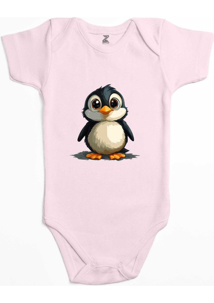 Şirin Penguen Pembe Renk Bebek Body Zıbın