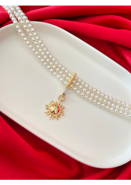 Üçlü Inci Zirkon Taşlı Güneş Vintage Gold Çelik Kolye