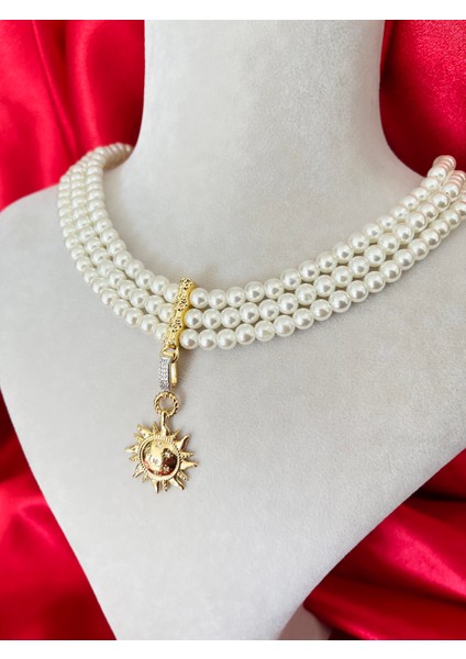 Üçlü Inci Zirkon Taşlı Güneş Vintage Gold Çelik Kolye fiyatları