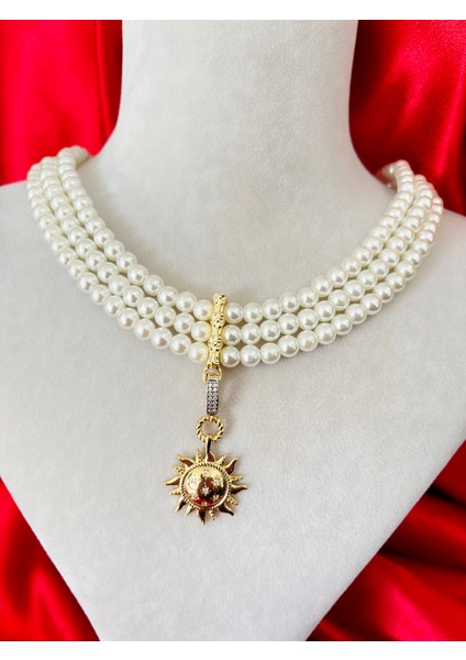 Üçlü Inci Zirkon Taşlı Güneş Vintage Gold Çelik Kolye modelleri