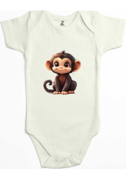 Şirin Maymun Ekru Renk Bebek Body Zıbın
