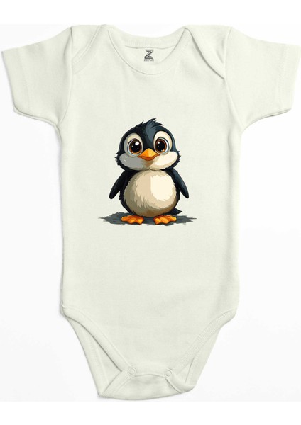 Şirin Penguen Ekru Renk Bebek Body Zıbın