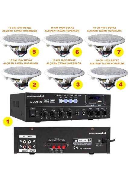 Hat Trafolu Tavan Hoparlör Seti (1 Adet Hat Trafolu Anfi + 6 Adet 100V 16 cm Hat Trafolu )