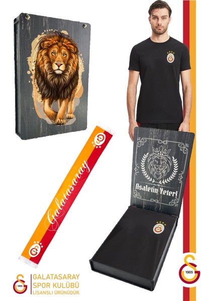 Lisanslı Siyah Basic T-Shirt + Şal Kaşkol Set Hediyelik Ahşap Kutulu