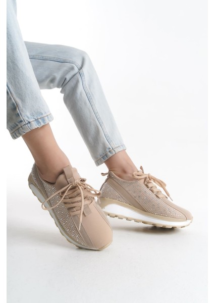 Alya Bağcıklı Ortopedik Taban Taşlı Kadın Sneaker Spor Ayakkabı Bt - Krem