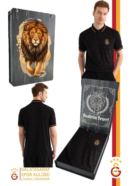 Orijinal Lisanslı Match Day Polo Yaka Siyah T-Shirt Gs Aslan Baskılı Hediyelik Ahşap Kutulu