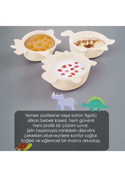 Gergedan Figürlü Silikon Bebek Mama Kasesi - Şekilli Bebek Beslenme Kasesi - Bej modelleri