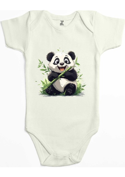 Obur Panda Ekru Renk Bebek Body Zıbın