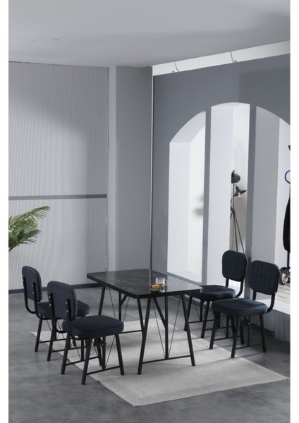 Hayat 70 x 110 cm Sabit Bendir Mutfak Masası, Mutfak Masası Takımı, Yemek Masası, 4 Lacivert Sandalye