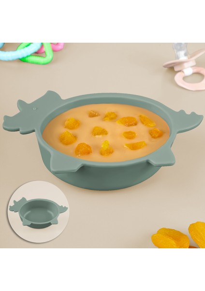 Gergedan Figürlü Silikon Bebek Mama Kasesi - Şekilli Bebek Beslenme Kasesi - Yeşil