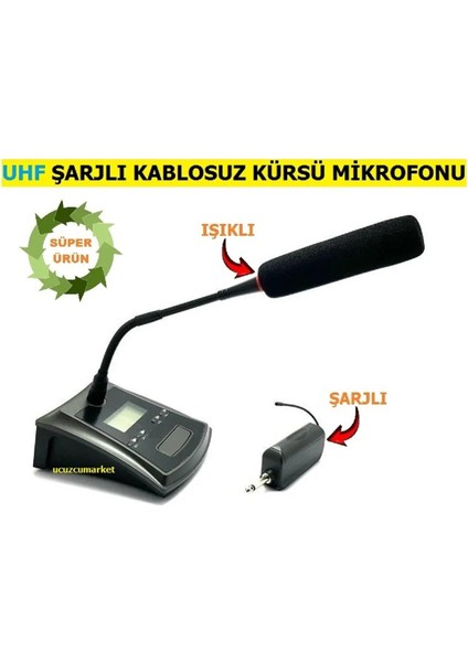 Uhf Telsiz Kablosuz Kürsü Mikrofonu (Şarjlı - Işıklı - Yüksek Kalite Ses)