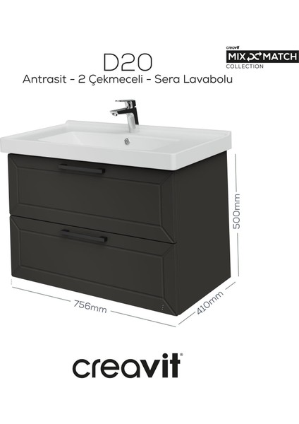 D20 80 cm Iki Çekmeceli Lav. Dolabı Antrasit Lake