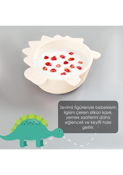 Dinozor Figürlü Silikon Bebek Mama Kasesi - Şekilli Bebek Beslenme Kasesi Bej fiyatları
