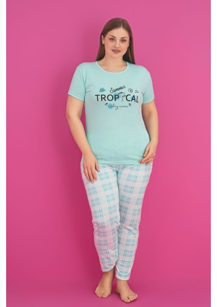 X-Dreamy Büyük Beden Pamuklu Ekose Kareli Kısa Kollu Pijama Takımı