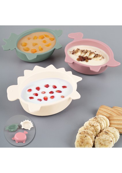 3'lü Hayvan Figürlü Silikon Bebek Mama Kasesi Seti - Şekilli Bebek Beslenme Kasesi Pembe Yeşil Bej