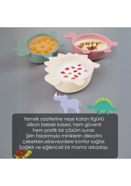 3'lü Hayvan Figürlü Silikon Bebek Mama Kasesi Seti - Şekilli Bebek Beslenme Kasesi Pembe Yeşil Bej fiyatları