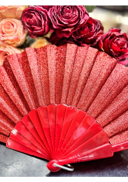 Plastik Yelpaze Simli Kırmızı