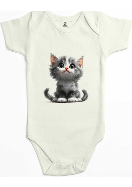Şirin Kedi Yavrusu Ekru Renk Bebek Body Zıbın