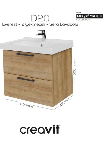 D20 65 cm Iki Çekmeceli Lavabo Dolabı Everest Melamin Kapak