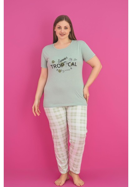 X-Dreamy Büyük Beden Pamuklu Ekose Kareli Kısa Kollu Pijama Takımı
