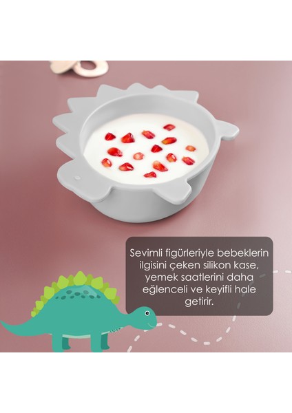 Dinozor Figürlü Silikon Bebek Mama Kasesi - Şekilli Bebek Beslenme Kasesi - Gri fiyatları