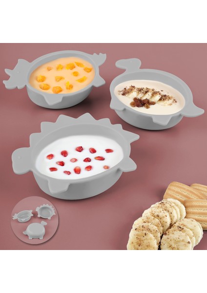 3'lü Hayvan Figürlü Silikon Bebek Mama Kasesi Seti - Şekilli Bebek Beslenme Kasesi Gri