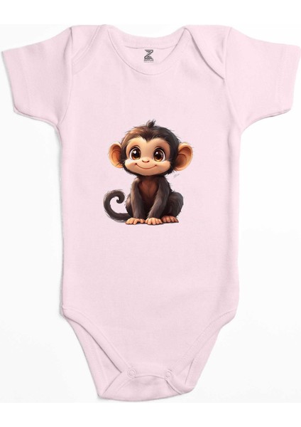 Şirin Maymun Pembe Renk Bebek Body Zıbın