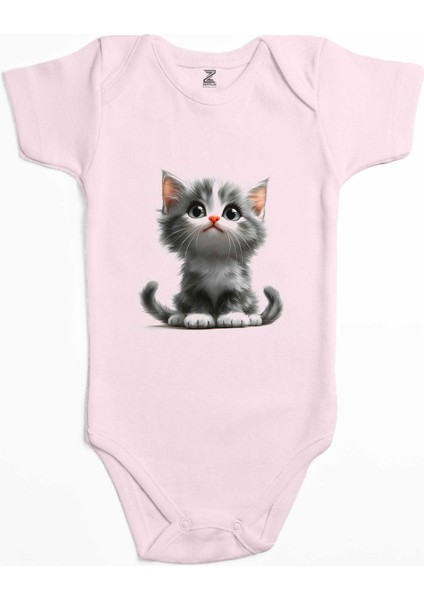 Şirin Kedi Yavrusu Pembe Renk Bebek Body Zıbın