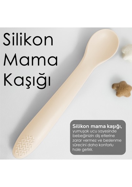 2'li Bebek Beslenme Seti - Vakumlu Silikon Kapaklı Mama Kasesi - Diş Kaşıyıcı Mama Kaşığı - Bej modelleri