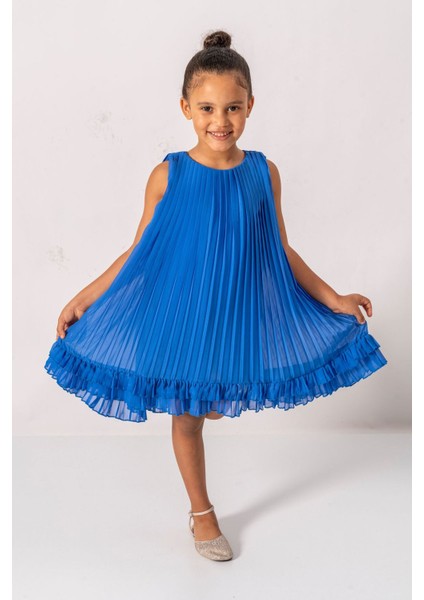 Premium Pileli Şifon Kız Çocuk elbise - Mavi