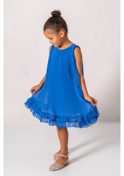 Premium Pileli Şifon Kız Çocuk elbise - Mavi fiyatları