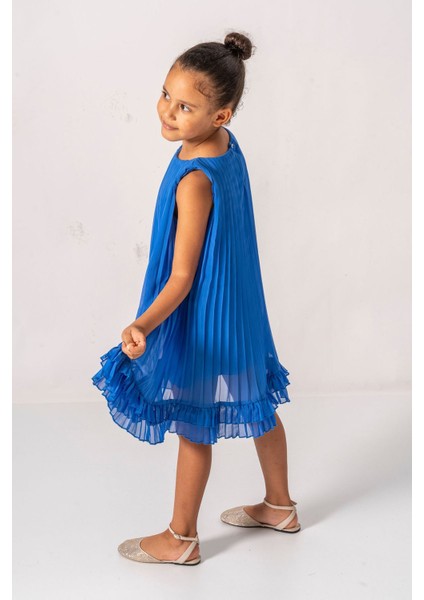 Premium Pileli Şifon Kız Çocuk elbise - Mavi fırsatları