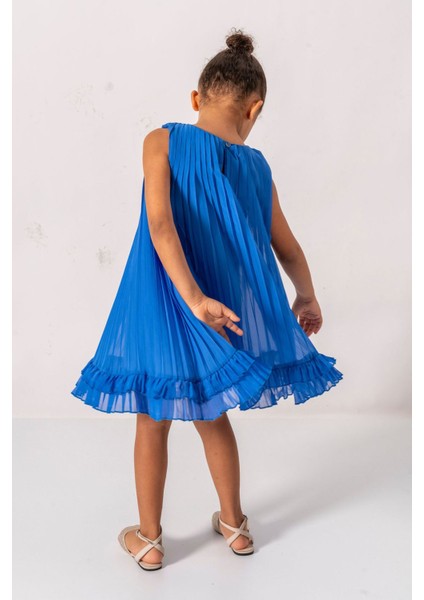 Premium Pileli Şifon Kız Çocuk elbise - Mavi indirimleri