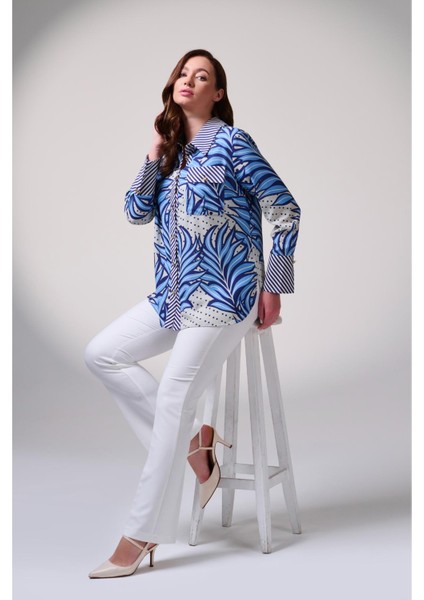 Büyük Beden Pamuk Saten Baskı Detaylı Gömlek fiyatları