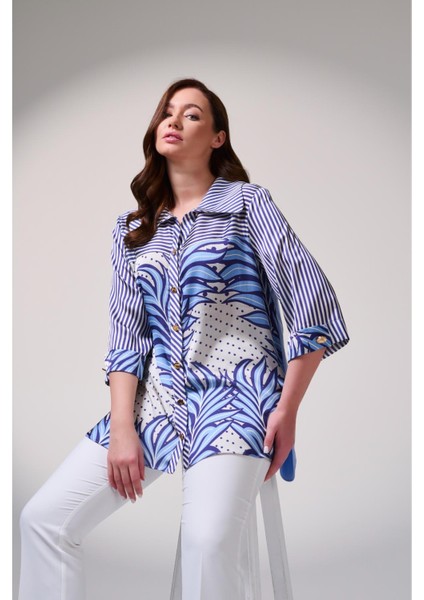 Büyük Beden Pamuk Saten Baskı Detaylı Gömlek fırsatları