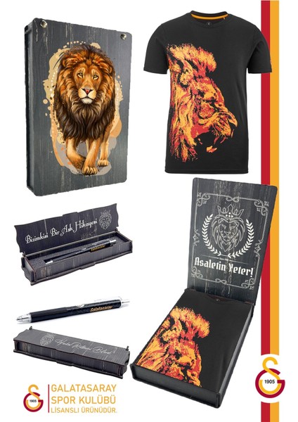 Orijinal Lisanslı Aslan Baskılı T-Shirt + Uçlu Kalem Set Hediyelik Ahşap Kutulu